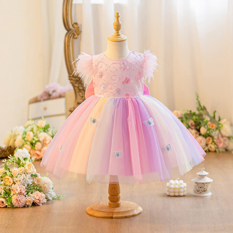 [Archive Sale] Mesh Butterfly Rainbow Butterfly Feather-trimmed Rosette Sleeveless Mid-long Dresses - Pink - 1-2Y【90cm】 - image 3