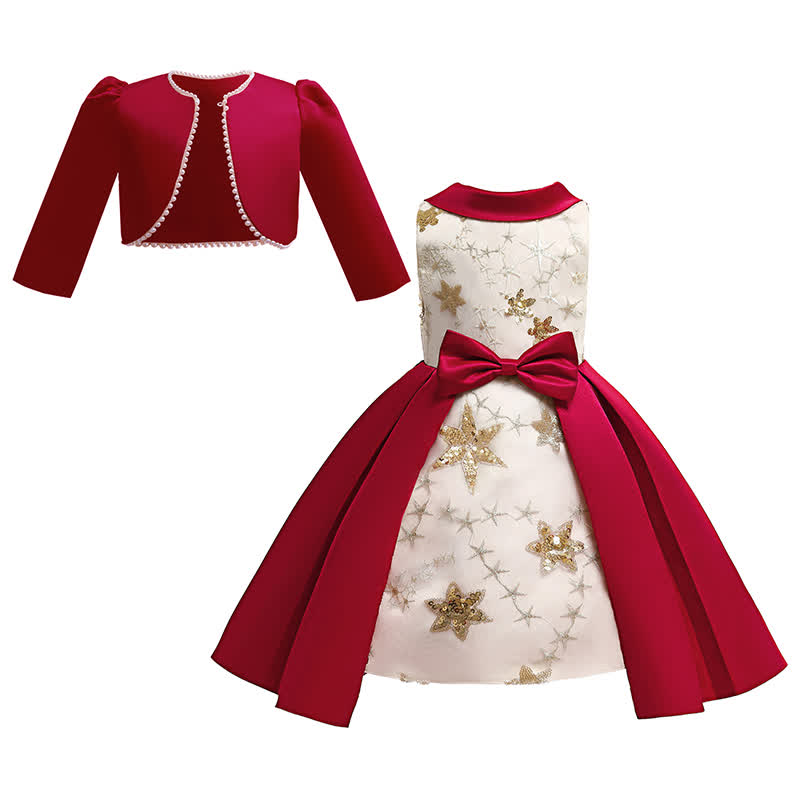 [Archive Sale] Silk Fabrics Bow Long Sleeve Midi Two-piece Set - Red - 5-6Y【120cm】 - image 1