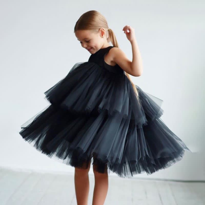 Mesh Folds Fluffy Sleeveless Mid-long Dresses - Black - 8-9Y - image 7