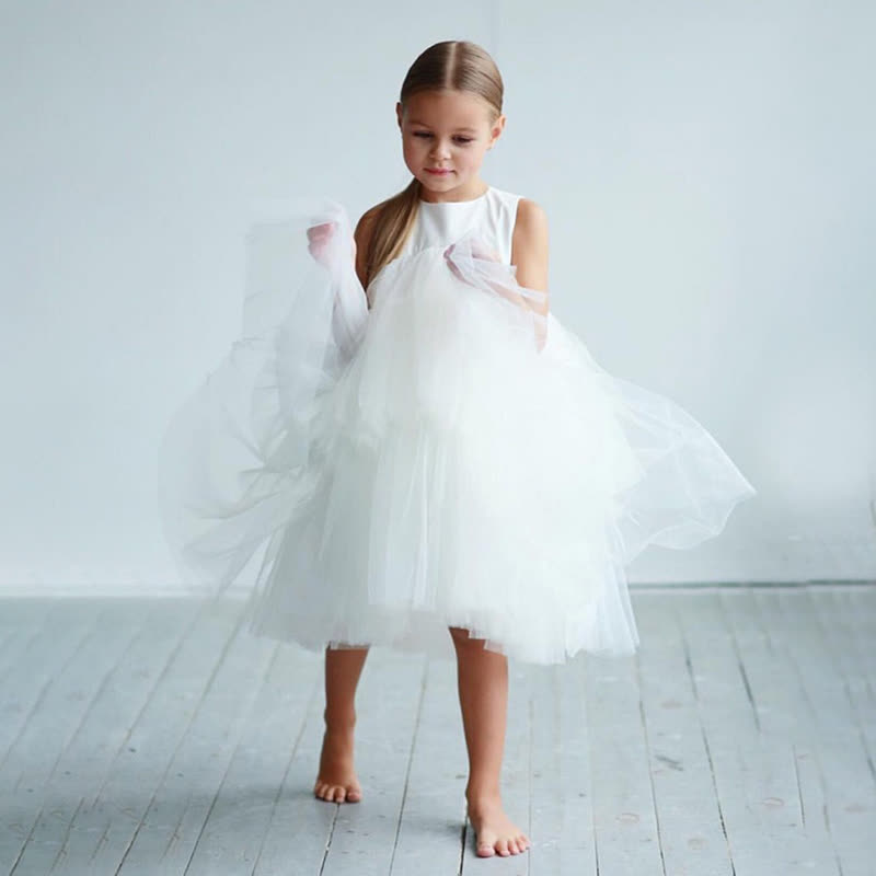 Mesh Folds Fluffy Sleeveless Mid-long Dresses - White - 8-9Y - image 6