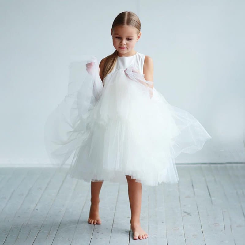 Mesh Folds Fluffy Sleeveless Mid-long Dresses - White - 8-9Y - image 6