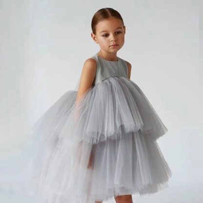 Mesh Folds Fluffy Sleeveless Mid-long Dresses - Grey - 8-9Y - image 11