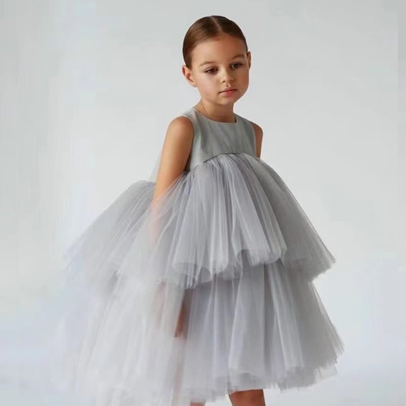 Mesh Folds Fluffy Sleeveless Mid-long Dresses - Grey - 8-9Y - image 12