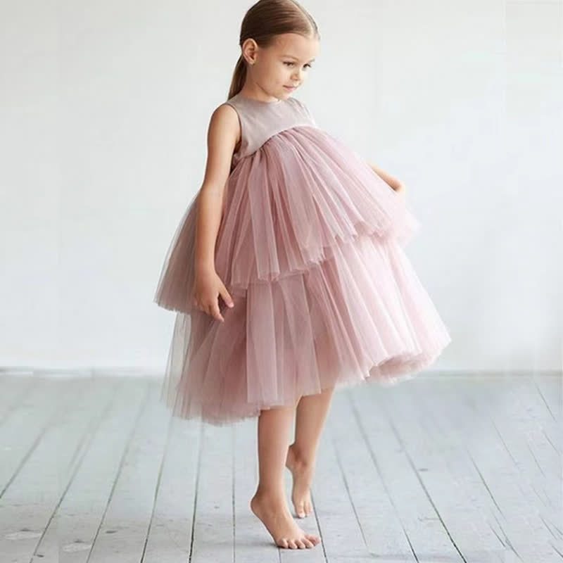 Mesh Folds Fluffy Sleeveless Mid-long Dresses - Pink - 8-9Y - image 6