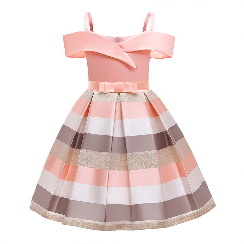 Satin Striped Bow Short Sleeve Midi Dresses - Pink - 9-10Y - image 8