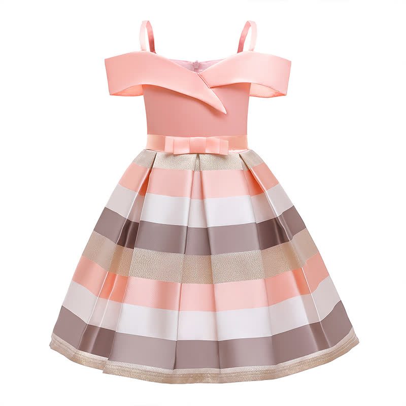 Satin Striped Bow Short Sleeve Midi Dresses - Pink - 9-10Y - image 8