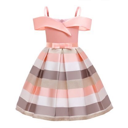 Satin Striped Bow Short Sleeve Midi Dresses - Pink - 9-10Y - image 8