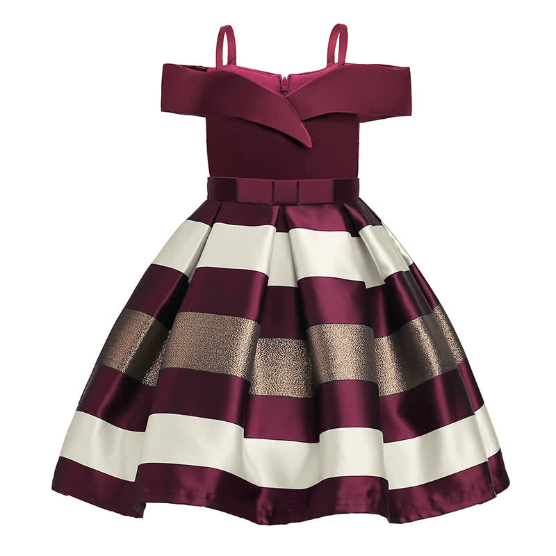 Satin Striped Bow Short Sleeve Midi Dresses - Wine - 9-10Y - image 12