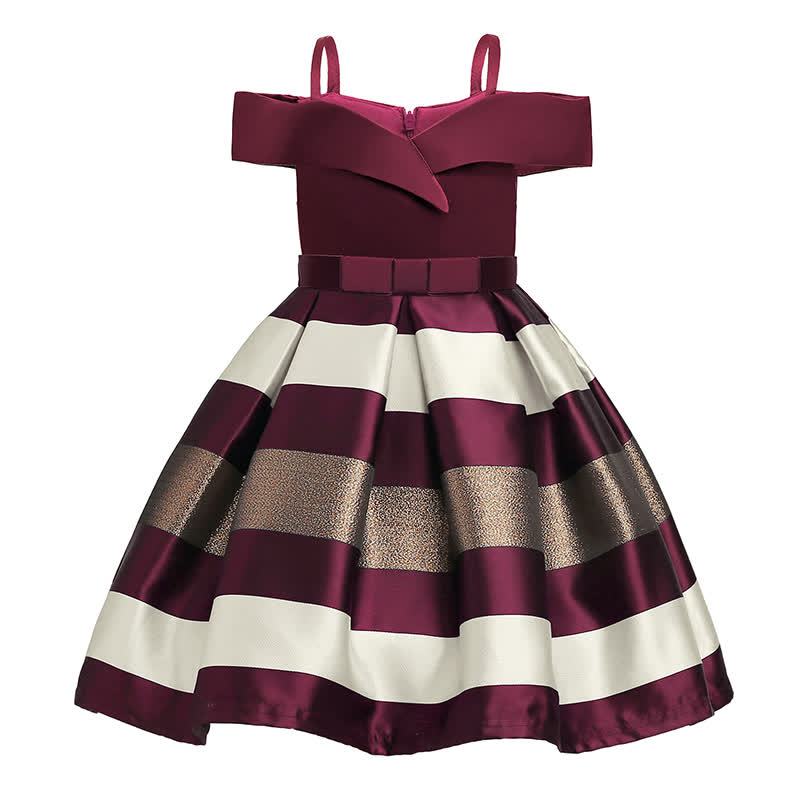 Satin Striped Bow Short Sleeve Midi Dresses - Wine - 9-10Y - image 12