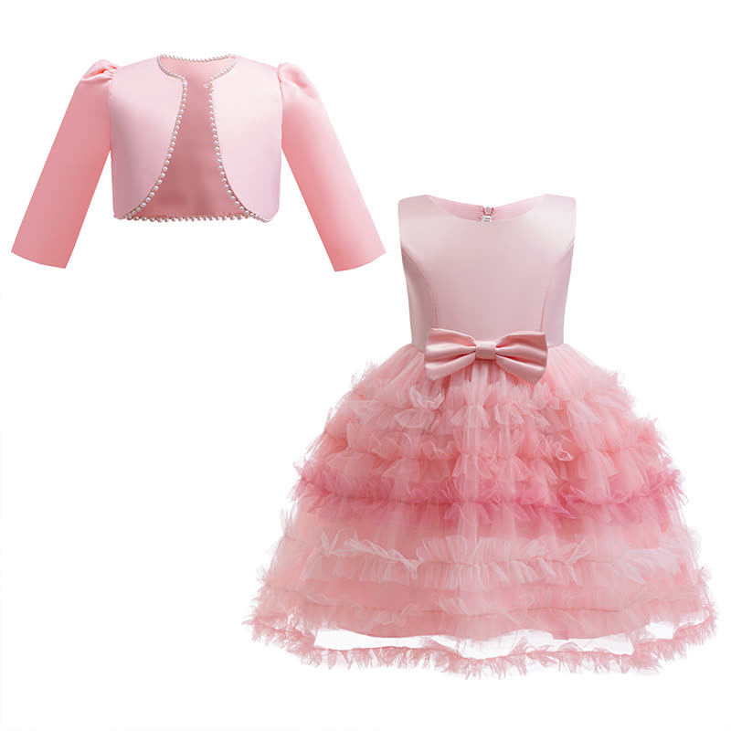 Silk Fabrics Bow Long Sleeve Midi Two-piece Set - Pink - 9-10Y - image 1