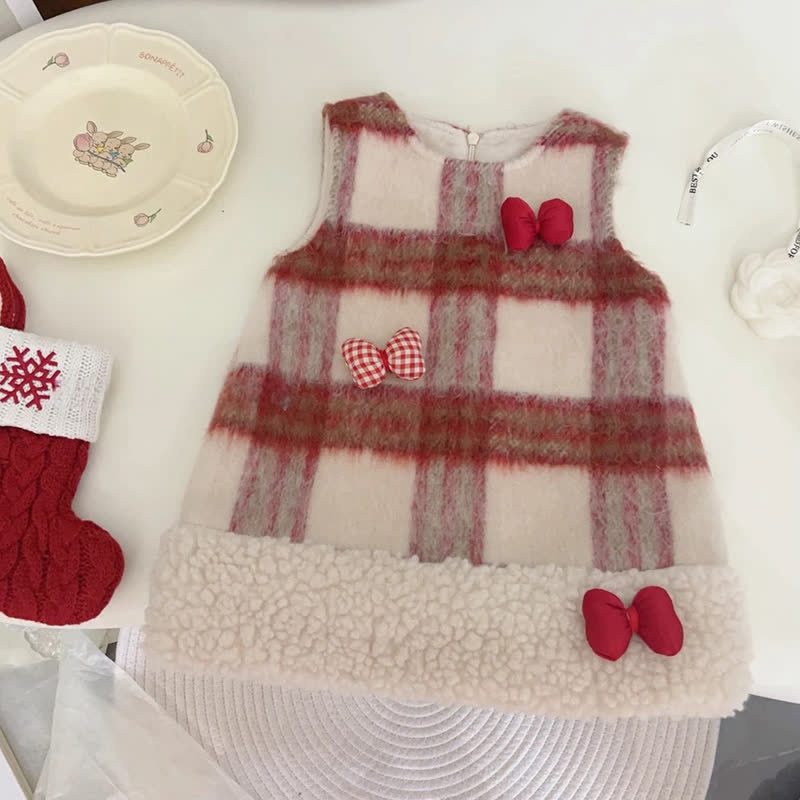 [Archive Sale] Woolen Plaid  Bow Sleeveless Short Dresses - Pink - 5-6Y【110cm】 - image 1