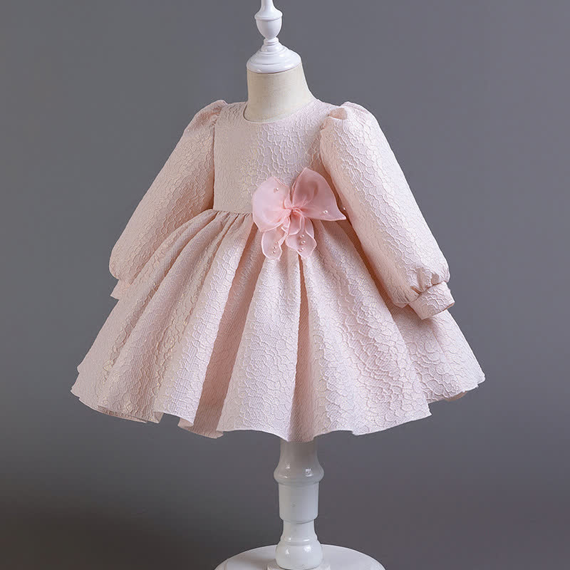 [Archive Sale] Jacquard Bow Long Sleeve Mid-long Dresses - Pink - 12-18M【90cm】 - image 1