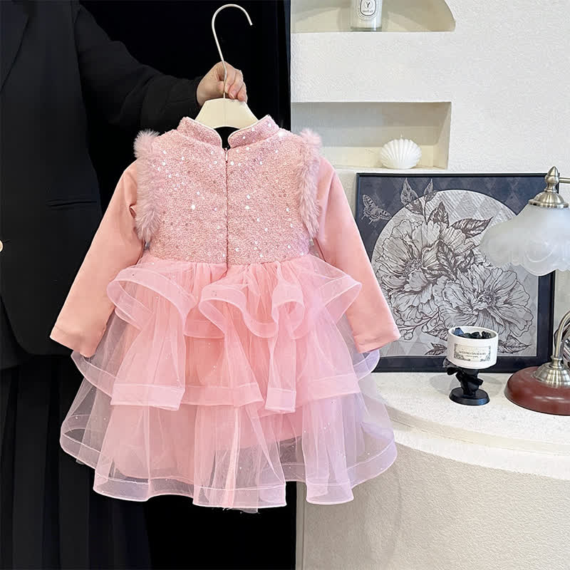 Sequins & Mesh Pearl Long Sleeve Mid-long Dresses - Pink - 8Y - image 1