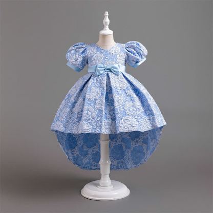 [Archive Sale] Jacquard Embossed Printing Irregular Craftsmanship Jacquard Short Sleeve Mid-long Dresses - Blue - 6Y【110cm】 - image 8