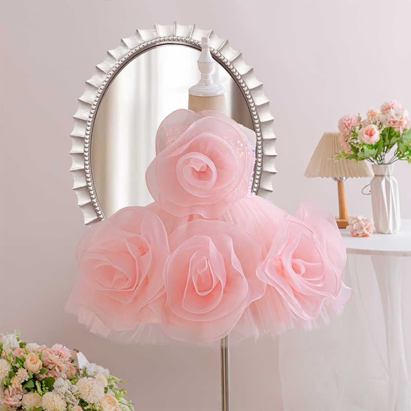 Mesh Rosette Sequins Sleeveless Mid-long Dresses - Pink - 7-8Y - image 1