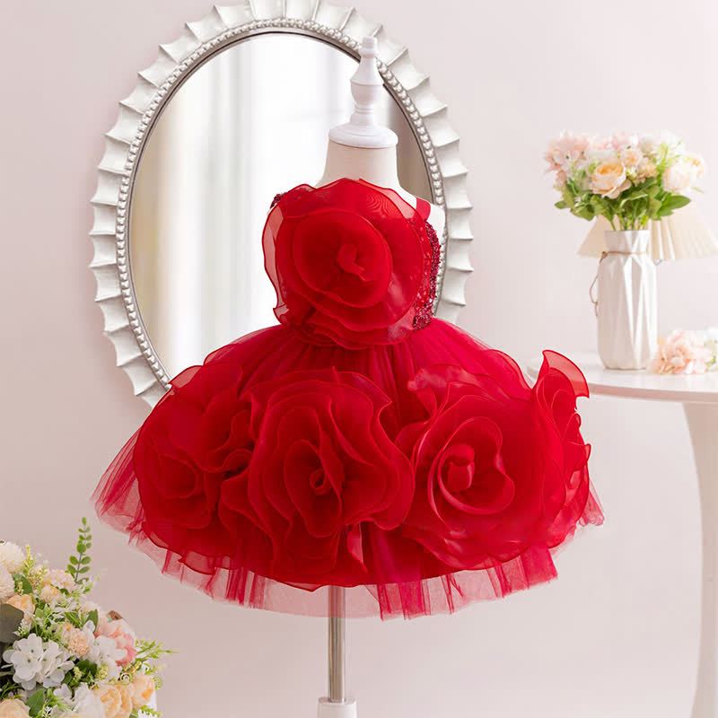 Mesh Rosette Sequins Sleeveless Mid-long Dresses - Red - 7-8Y - image 9