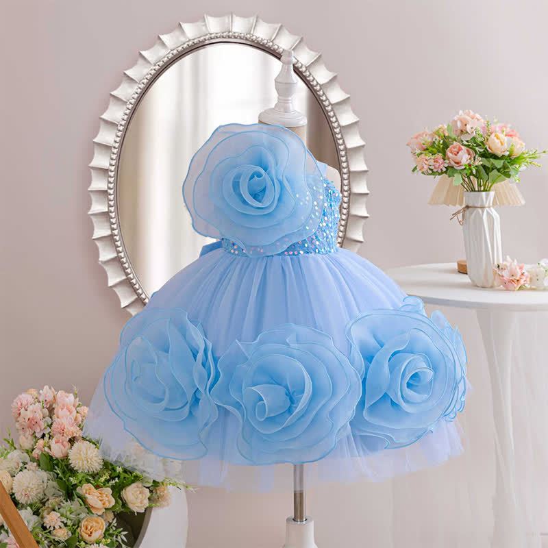 Mesh Rosette Sequins Sleeveless Mid-long Dresses - Blue - 7-8Y - image 24