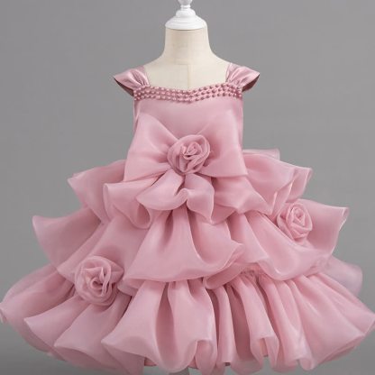 Organza Beaded Sleeveless Maxi Dresses - Pink - 10-11Y - image 1