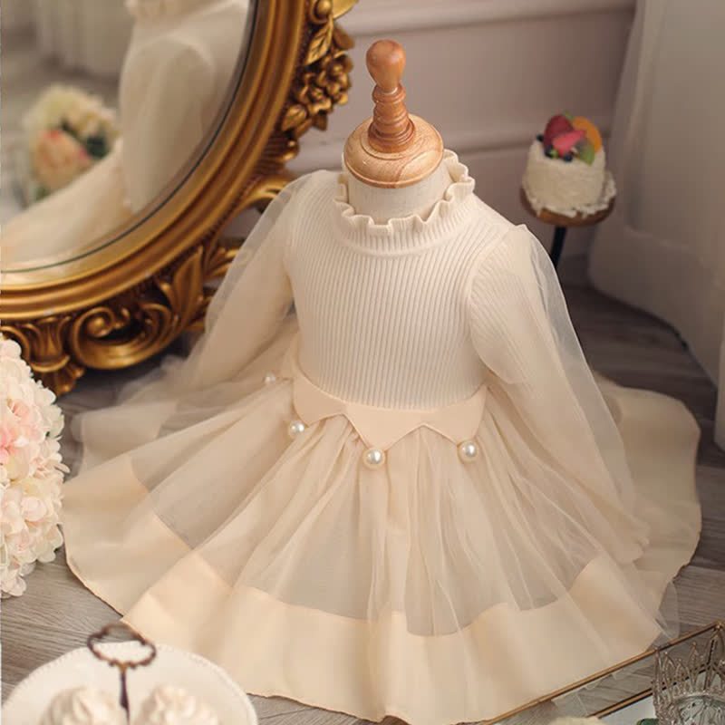 Knitted & Mesh Pearl Long Sleeve Mid-long Dresses - image 2