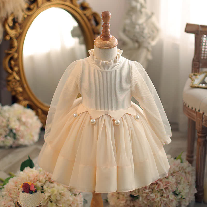 Knitted & Mesh Pearl Long Sleeve Mid-long Dresses - Apricot - 11-12Y - image 1