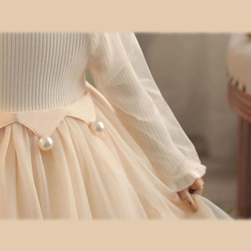 Knitted & Mesh Pearl Long Sleeve Mid-long Dresses - image 6