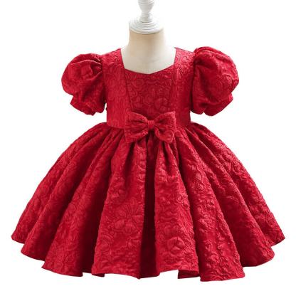 Jacquard Embossed Printing Irregular Craftsmanship Jacquard Short Sleeve Long Dresses - Red - 5-6Y - image 1