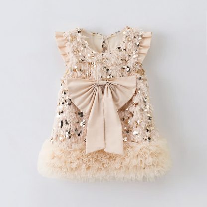 Mesh Sequins & Bow Sleeveless Mid-long Dresses - Beige - 9-10Y - image 1