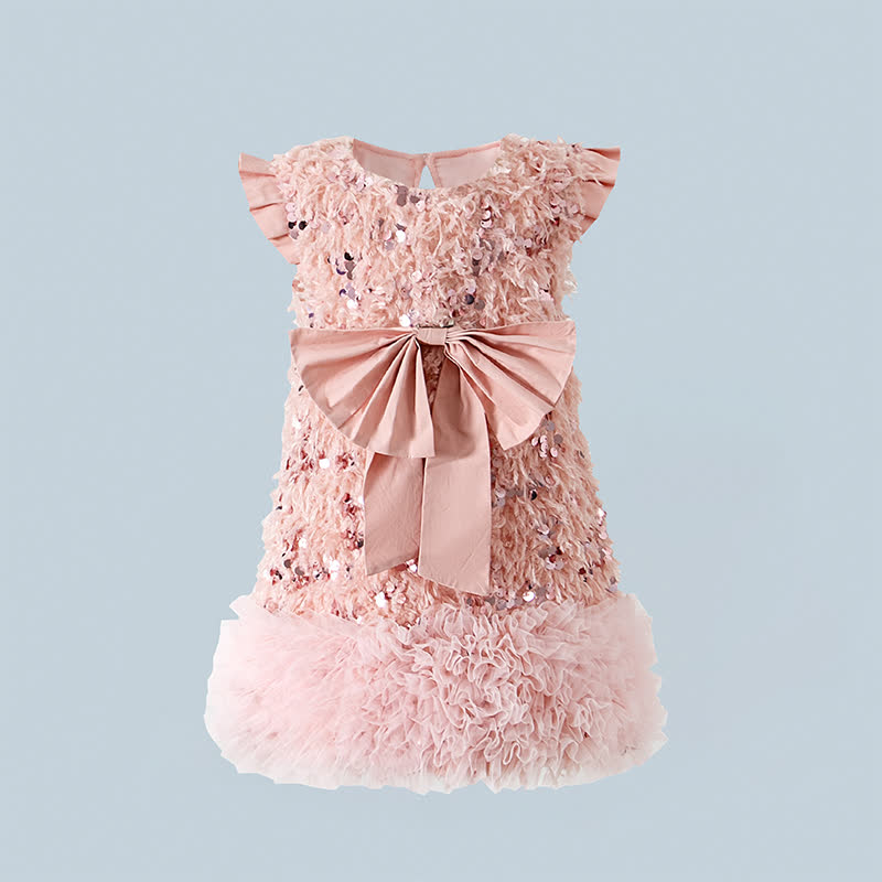 Mesh Sequins & Bow Sleeveless Mid-long Dresses - Pink - 9-10Y - image 15