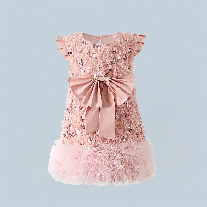 Mesh Sequins & Bow Sleeveless Mid-long Dresses - Pink - 9-10Y - image 15
