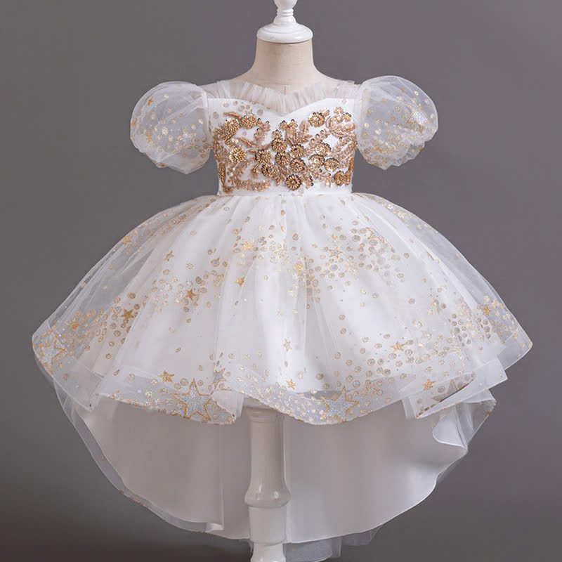 Mesh Irregular Craftsmanship Short Sleeve Long Dresses - White - 12-13Y - image 3