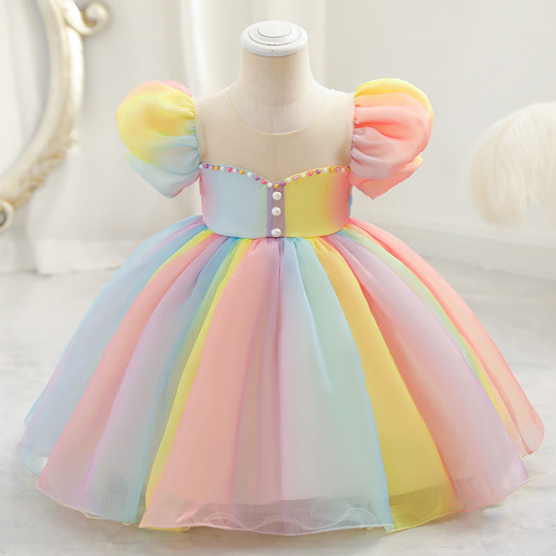Organza Rainbow Pearls Short Sleeve Long Dresses - Rainbow - 7-8Y - image 1
