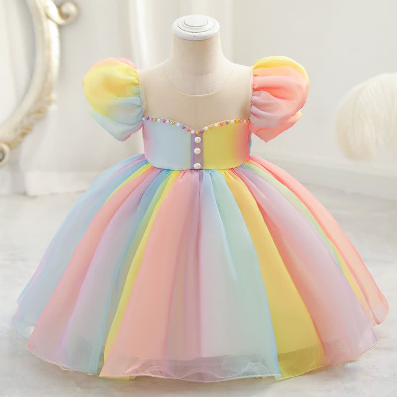 Organza Rainbow Pearls Short Sleeve Long Dresses - Rainbow - 7-8Y - image 1