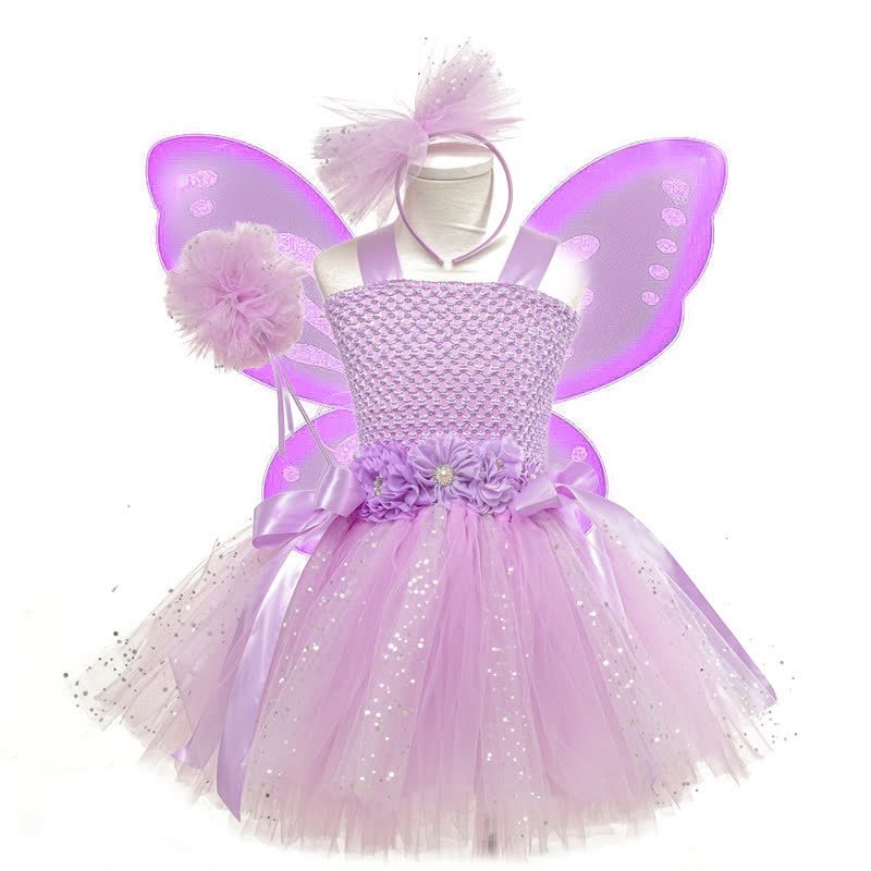 Mesh Sequins Crochet Butterfly Ballet Sleeveless Mid-long Dresses - Light Purple - Above 11Y - image 8