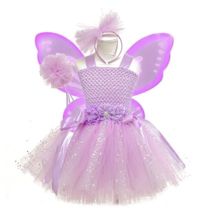 Mesh Sequins Crochet Butterfly Ballet Sleeveless Mid-long Dresses - Light Purple - Above 11Y - image 8