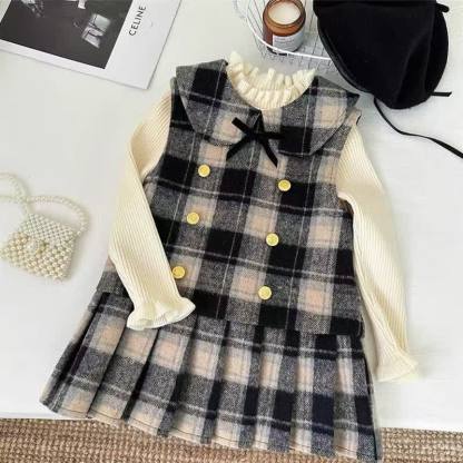 knitted & Woolen Plaid  Long sleeve Mid-long Two-piece set - Black Two-piece Set - 7-8Y - image 5