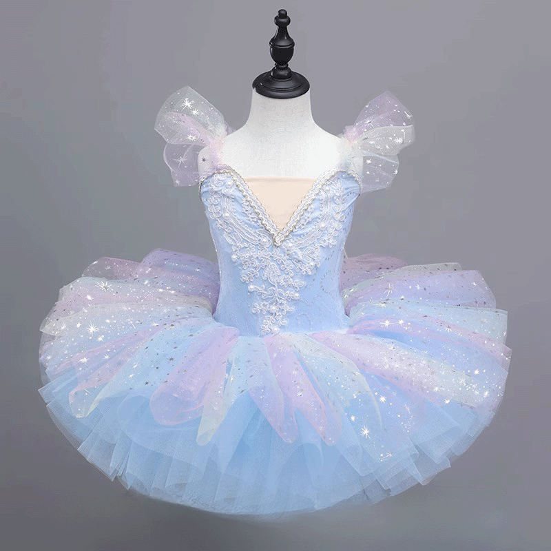 [Archive Sale] Mesh Folds Stamped Silver Ballet Sleeveless Midi Dresses - Sky Blue - 3-4Y - image 1