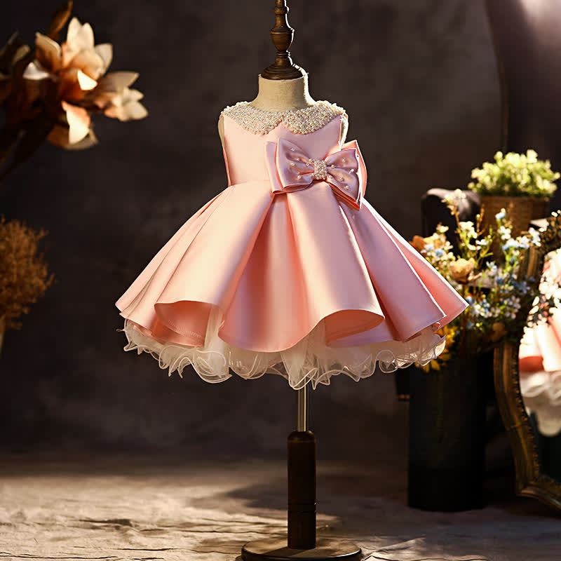 Satin Bow Beaded Sleeveless Mid-long Dresses - Pink - 12-13Y - image 1