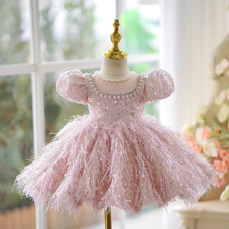 Beaded Tassel Puff Sleeve Mid-long Dresses - Short Pink - 15-16Y - image 10