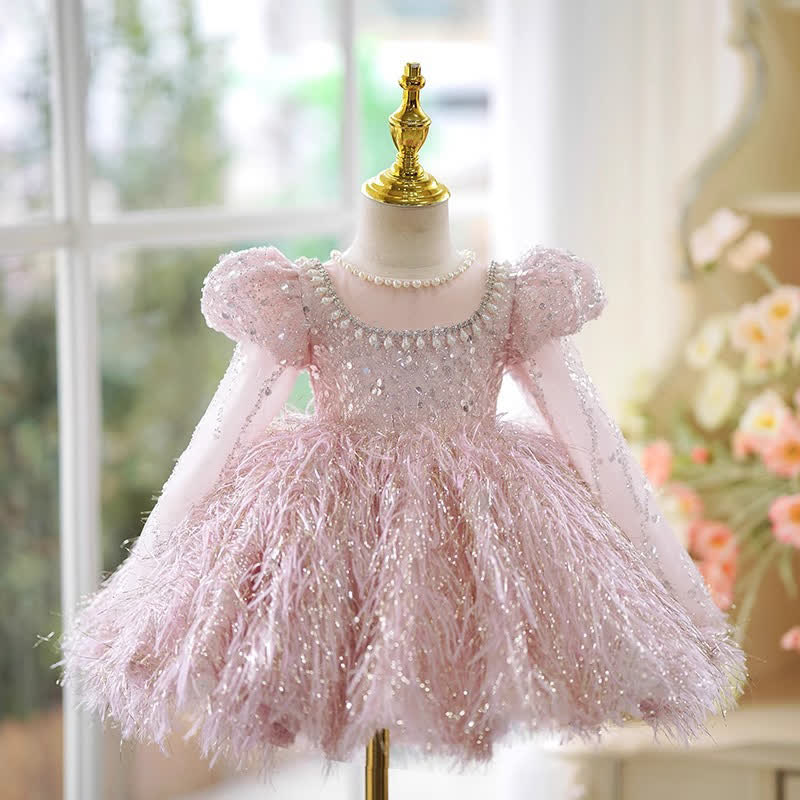 Beaded Tassel Puff Sleeve Mid-long Dresses - Long Pink - 15-16Y - image 1