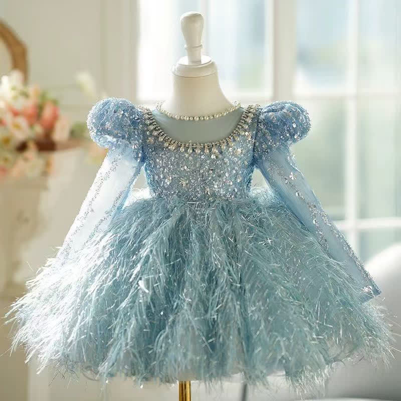 Beaded Tassel Puff Sleeve Mid-long Dresses - Long Blue - 15-16Y - image 16