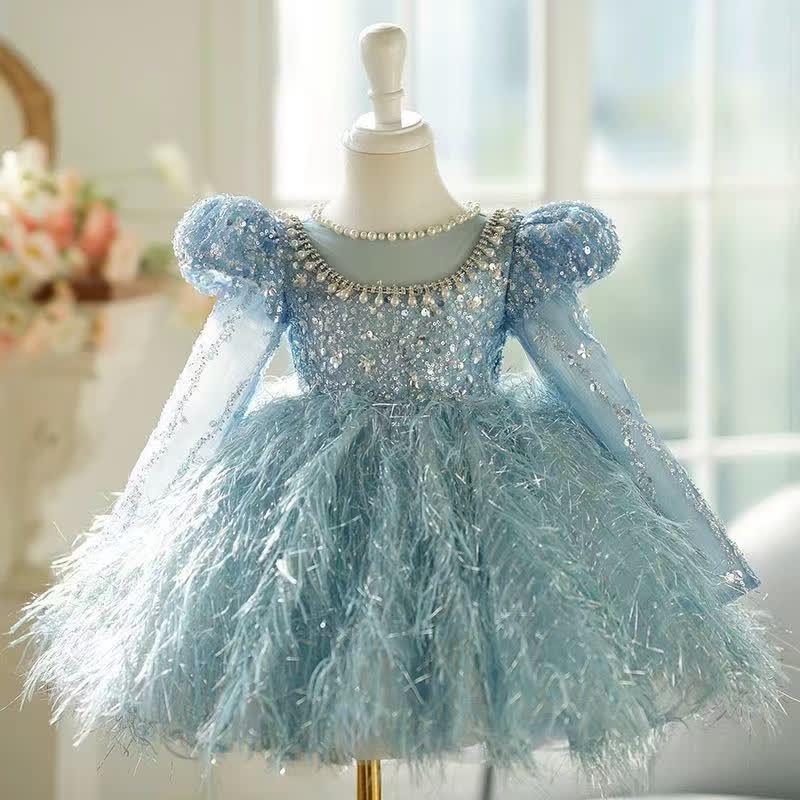 Beaded Tassel Puff Sleeve Mid-long Dresses - Long Blue - 15-16Y - image 16