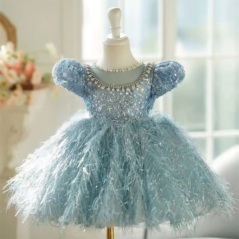 Beaded Tassel Puff Sleeve Mid-long Dresses - Short Blue - 15-16Y - image 17