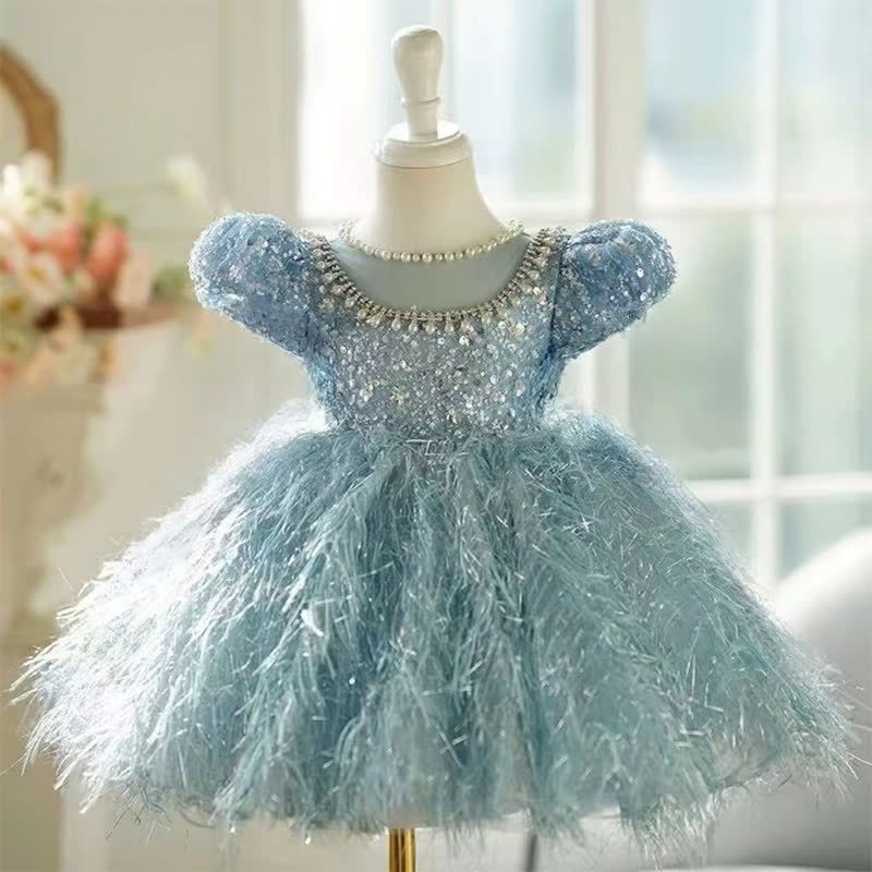 Beaded Tassel Puff Sleeve Mid-long Dresses - Short Blue - 15-16Y - image 17