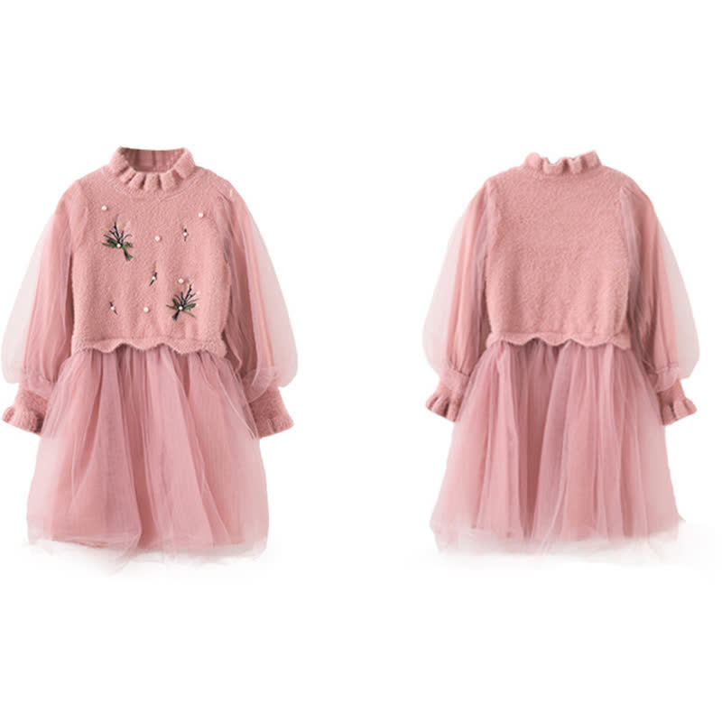 Knitted & Mesh Pearl Long Sleeve Mid-long Dresses - Pink - 13-14Y - image 1