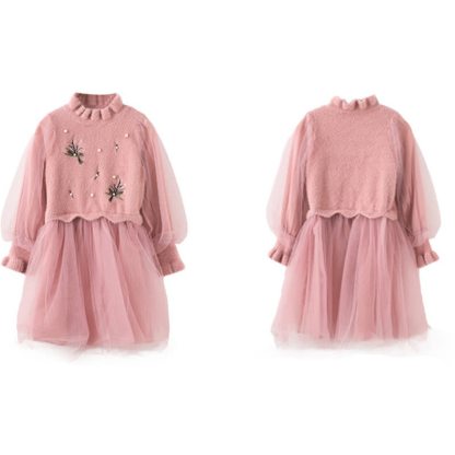 Knitted & Mesh Pearl Long Sleeve Mid-long Dresses - Pink - 13-14Y - image 1