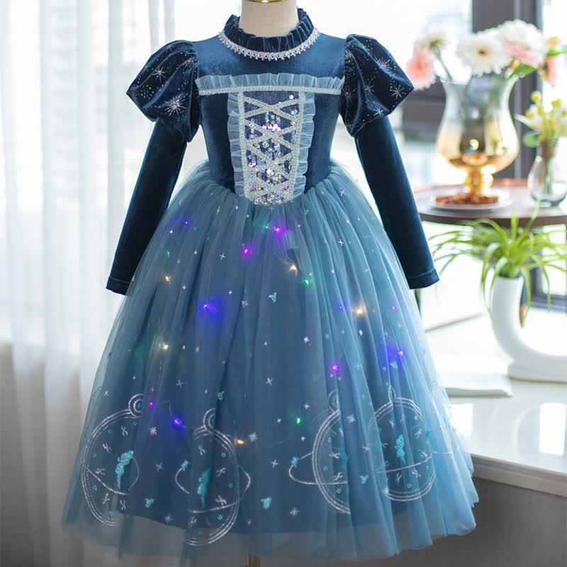 [Archive Sale] Velvet & Mesh Long Sleeve Mid-long Dresses - Blue - 4Y【110cm】 - image 1