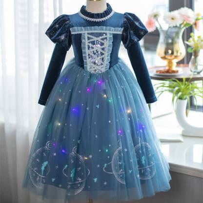 [Archive Sale] Velvet & Mesh Long Sleeve Mid-long Dresses - Blue - 4Y【110cm】 - image 1