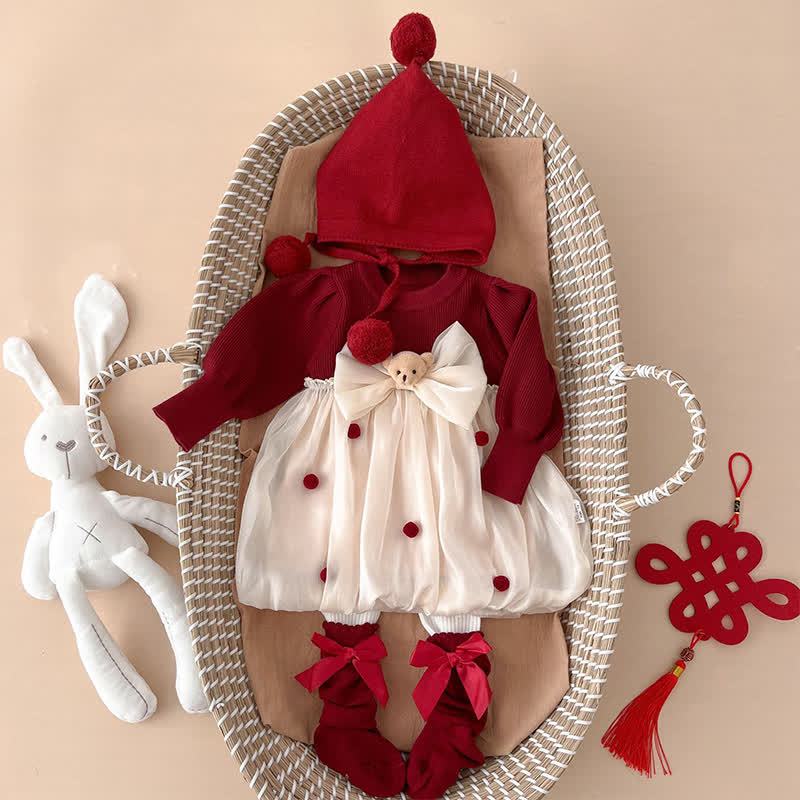 Knitting&organza Split Joint Long Sleeve Midi Dresses - Red - 3-4Y - image 4