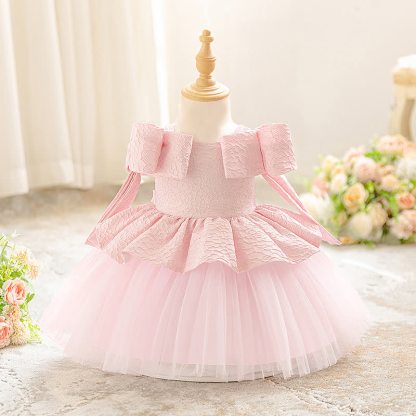 Jacquard Bow Short Sleeve Maxi Dresses - Pink - 2-3Y - image 1