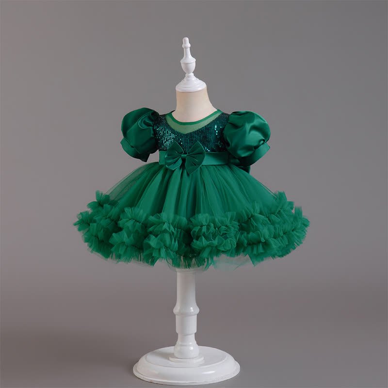 Mesh Bow Sequins Folds Short Sleeve Mid-long Dresses - image 10